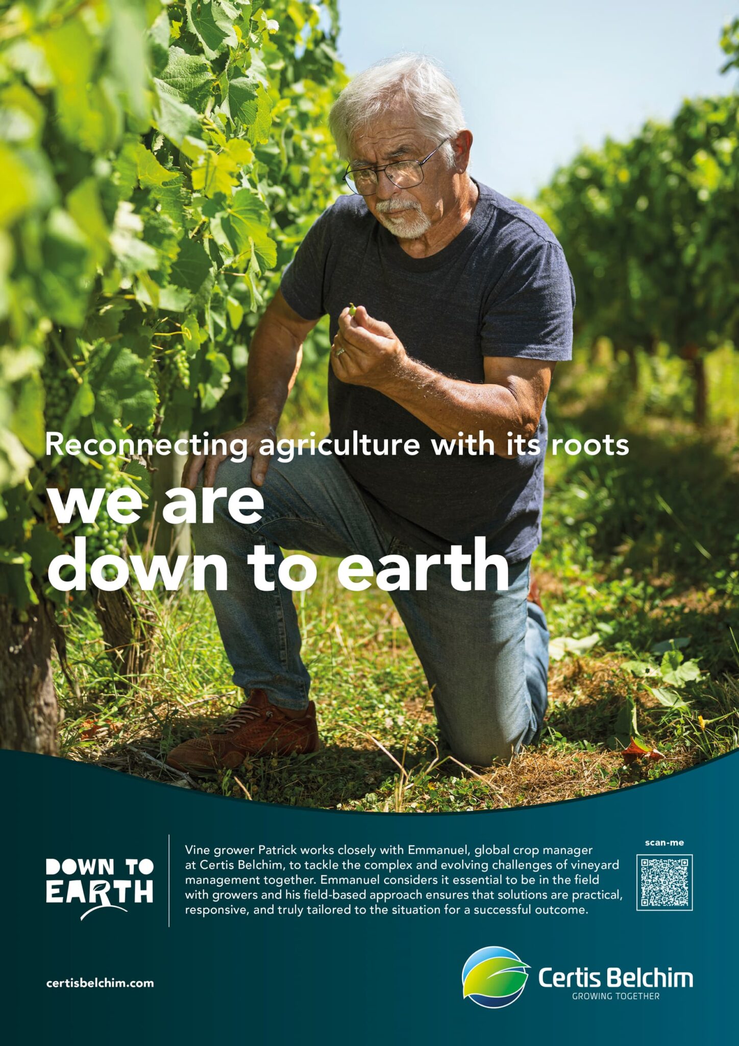 Reconnecting agriculture with its roots; campagne B2B; we are down to earth; Cultivating integrated solutions that work for you; campagne publicitaire; Patrick Sordoillet Photographe; Portraits d'agriculteurs; agence de publicité Marc & Brandon; agriculture; advertising photography; Certis Belchim;